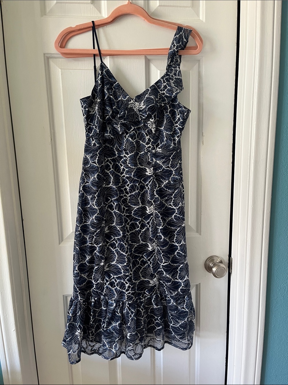 Lulu's Navy and White One-Shoulder Floral Midi Dress